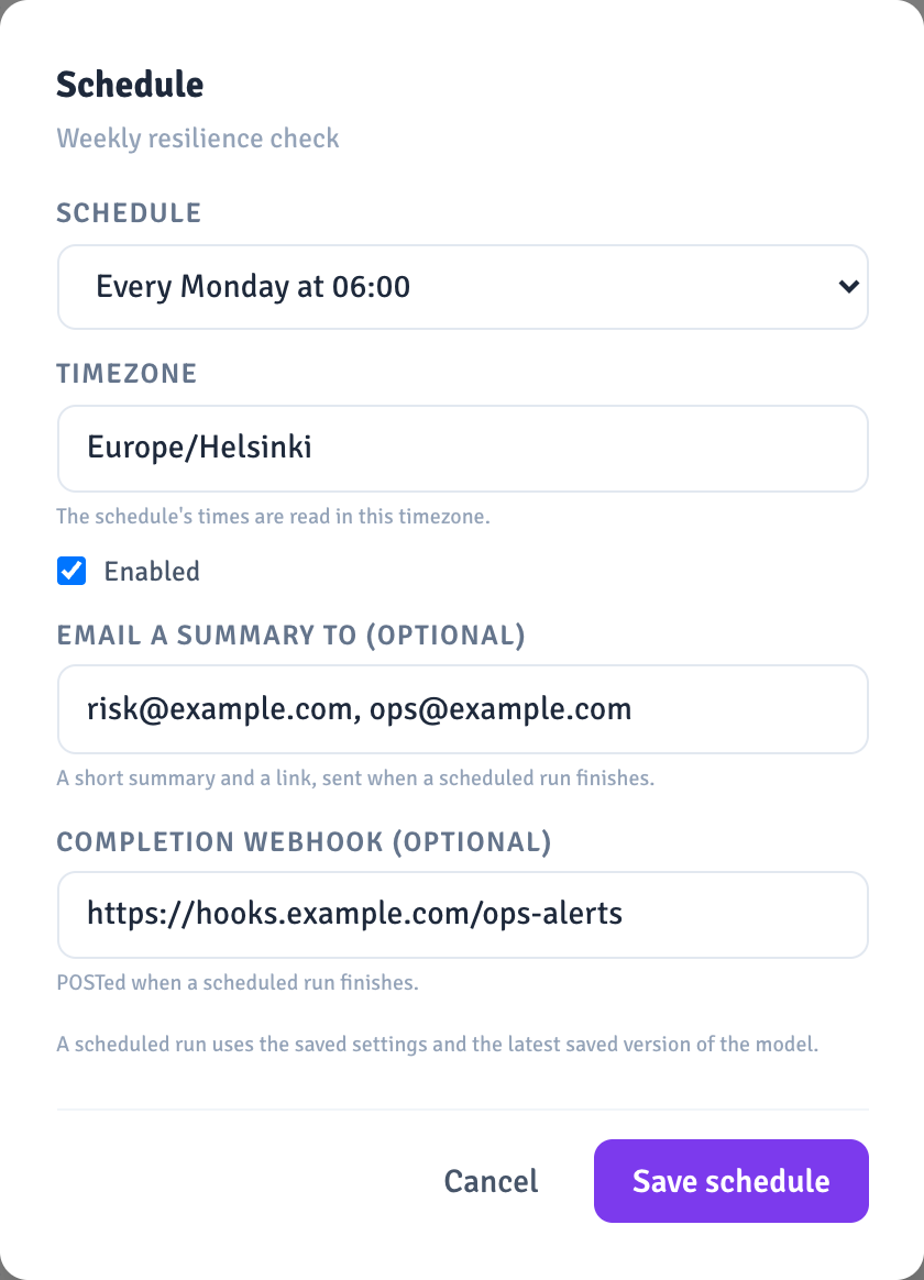 Volnit schedule dialog: a weekly resilience check with a timezone, email recipients and a completion webhook